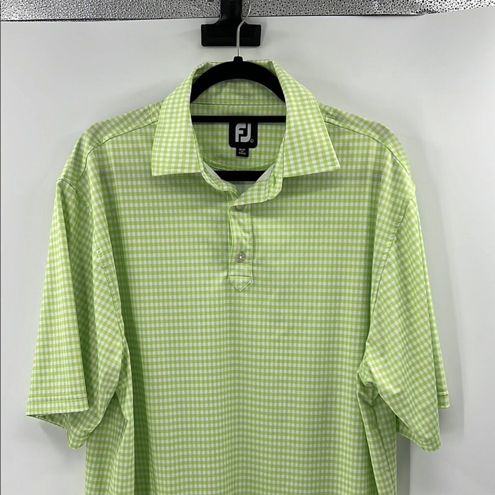 FJ FootJoy Men's Short Sleeve Gingham Golf Polo - Green/White - Large
